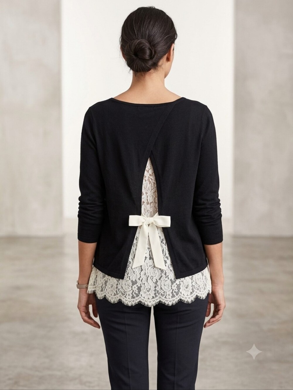 White House Black Market Black Long Sleeve Top with Ivory Lace & Bow Back